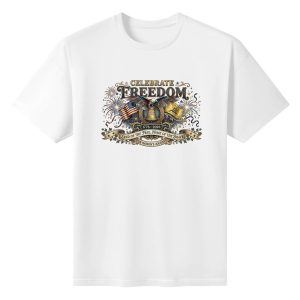 White unisex cotton short‑sleeve t‑shirt, front intricately detailed vintage patriotic print celebrating America’s 250th anniversary, featuring soaring eagle, liberty bell, dual flags, festive fireworks, leaf‑vine flourishes, decorative ribbon banners and classic national slogans, luxurious ornamental commemorative tee flat lay