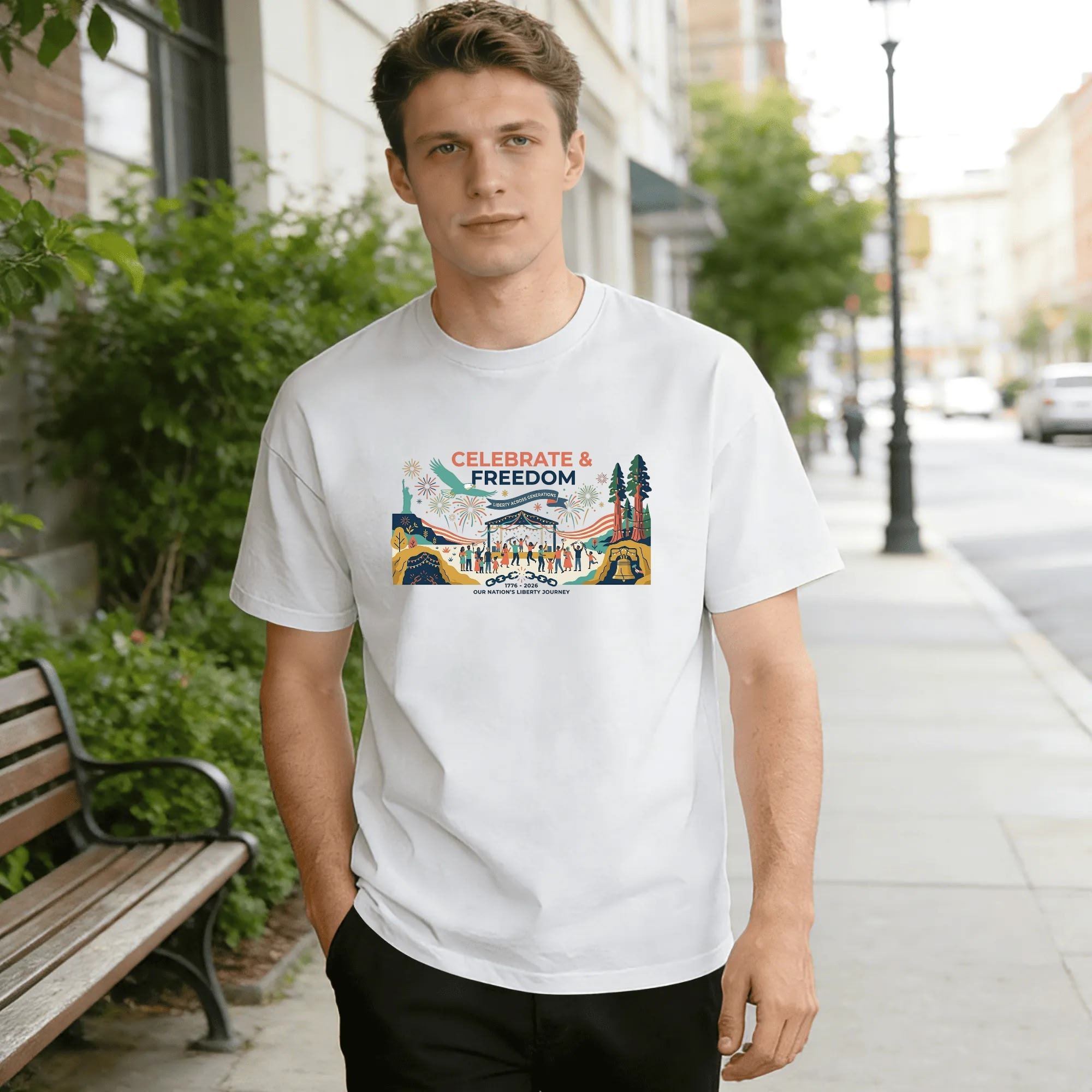 Young man wearing white relaxed‑fit cotton tee with vibrant flat‑illustration America 250 graphic, lively freedom‑celebration scene featuring dancing crowd, stage, flying eagle, Statue of Liberty, liberty bell, fireworks & pine trees, “Celebrate & Freedom” slogan, 1776‑2026 dates, street‑style outdoor lifestyle shot, cheerful USA 250th‑anniversary commemorative apparel