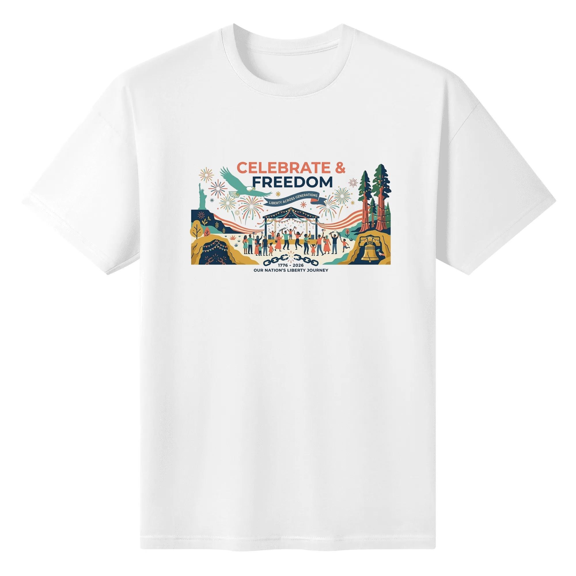 White unisex cotton short‑sleeve t‑shirt, front bright flat‑art patriotic print celebrating America’s 250th anniversary, featuring festive celebration landscape, national symbols, party crowd and freedom‑themed mottos, upbeat modern commemorative tee flat lay