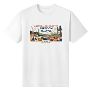 White unisex cotton short‑sleeve t‑shirt, front colorful modern flat‑art patriotic print celebrating America’s 250th anniversary, featuring cross‑era national landscape, historic symbols, freedom‑themed slogans and community details, storytelling commemorative tee flat lay