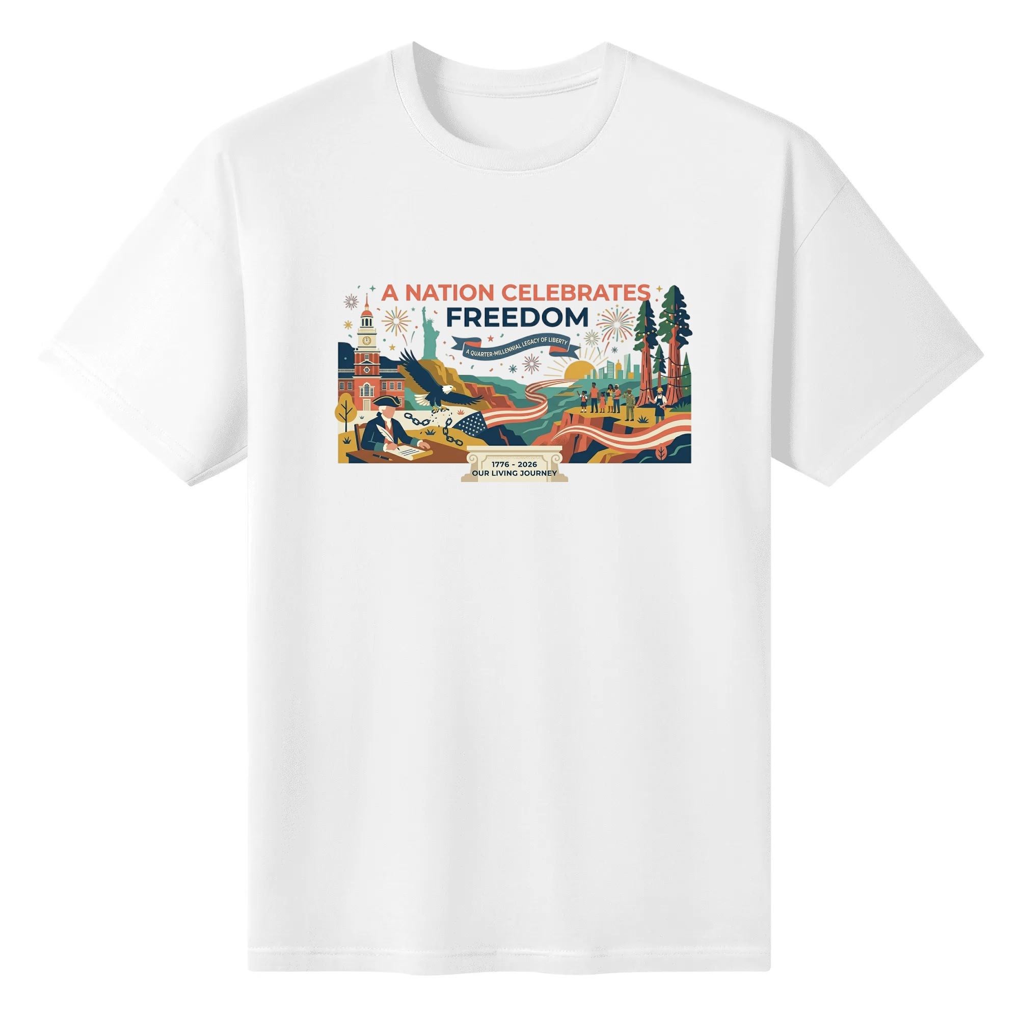 White unisex cotton short‑sleeve t‑shirt, front colorful modern flat‑art patriotic print celebrating America’s 250th anniversary, featuring cross‑era national landscape, historic symbols, freedom‑themed slogans and community details, storytelling commemorative tee flat lay