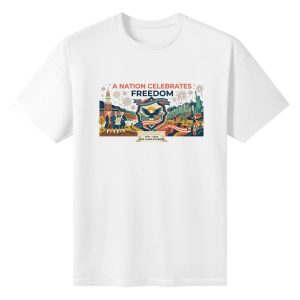 White unisex cotton short‑sleeve t‑shirt, front colorful modern flat‑art patriotic print celebrating America’s 250th anniversary, featuring shield‑centered eagle, colonial figures, national landmarks, festive fireworks and freedom‑themed mottos, narrative heritage‑focused commemorative tee flat lay