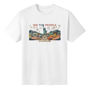 White unisex cotton short‑sleeve t‑shirt, front colorful modern flat‑art patriotic print celebrating America’s 250‑year milestone, featuring iconic US landmarks, national seal, festive fireworks and unity‑focused mottos, scenic heritage‑themed commemorative tee flat lay