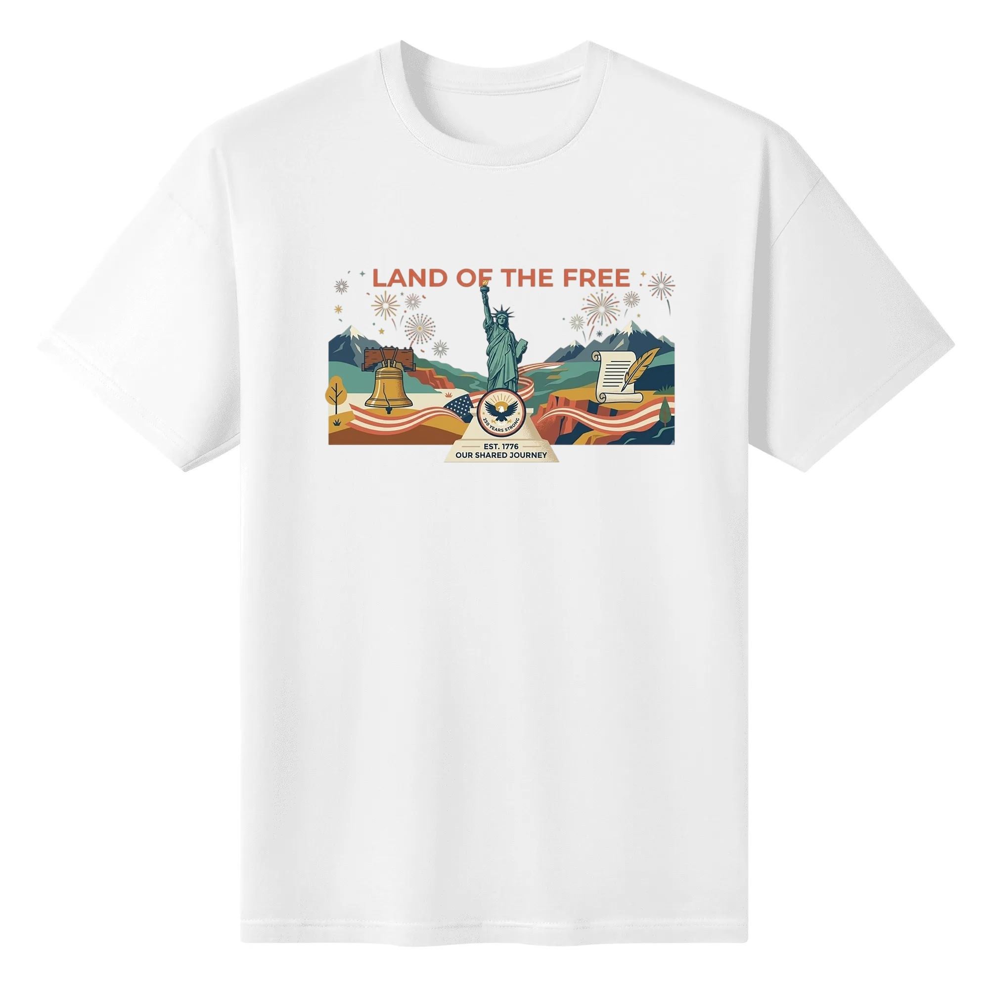 White unisex cotton short‑sleeve t‑shirt, front colorful modern flat‑art patriotic print celebrating America’s 250‑year milestone, featuring iconic liberty symbols, founding‑era elements, festive fireworks and freedom‑focused mottos, scenic heritage‑themed commemorative tee flat lay