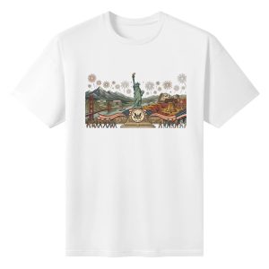 White unisex cotton short‑sleeve t‑shirt, front wide panoramic patriotic print celebrating America’s 250‑year milestone, showcasing iconic US national landmarks, historic symbols, crowd figures and festive fireworks, grand heritage‑themed commemorative tee flat lay