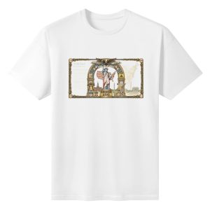 White unisex cotton short‑sleeve t‑shirt, front intricately detailed vintage patriotic print celebrating America’s 250‑year milestone, featuring framed liberty‑themed emblem, national symbols, historic architecture, founding text and golden decorative flourishes, luxurious antique‑style commemorative tee flat lay