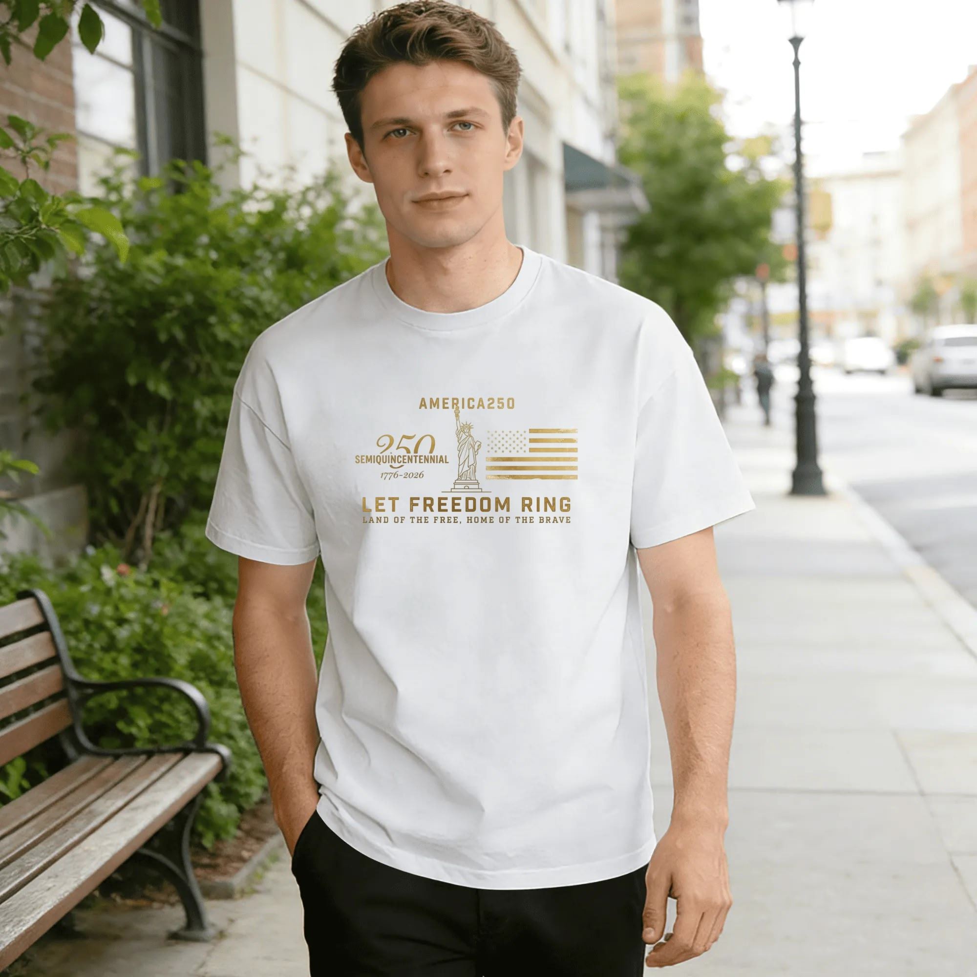 Young man wearing white relaxed‑fit cotton tee with sleek gold‑text America 250 graphic, vintage gold foil finish, Statue of Liberty silhouette, faded US flag, “Let Freedom Ring” slogan and 1776‑2026 anniversary marking, clean classic design, street‑style outdoor lifestyle shot, elegant USA 250th‑anniversary commemorative apparel