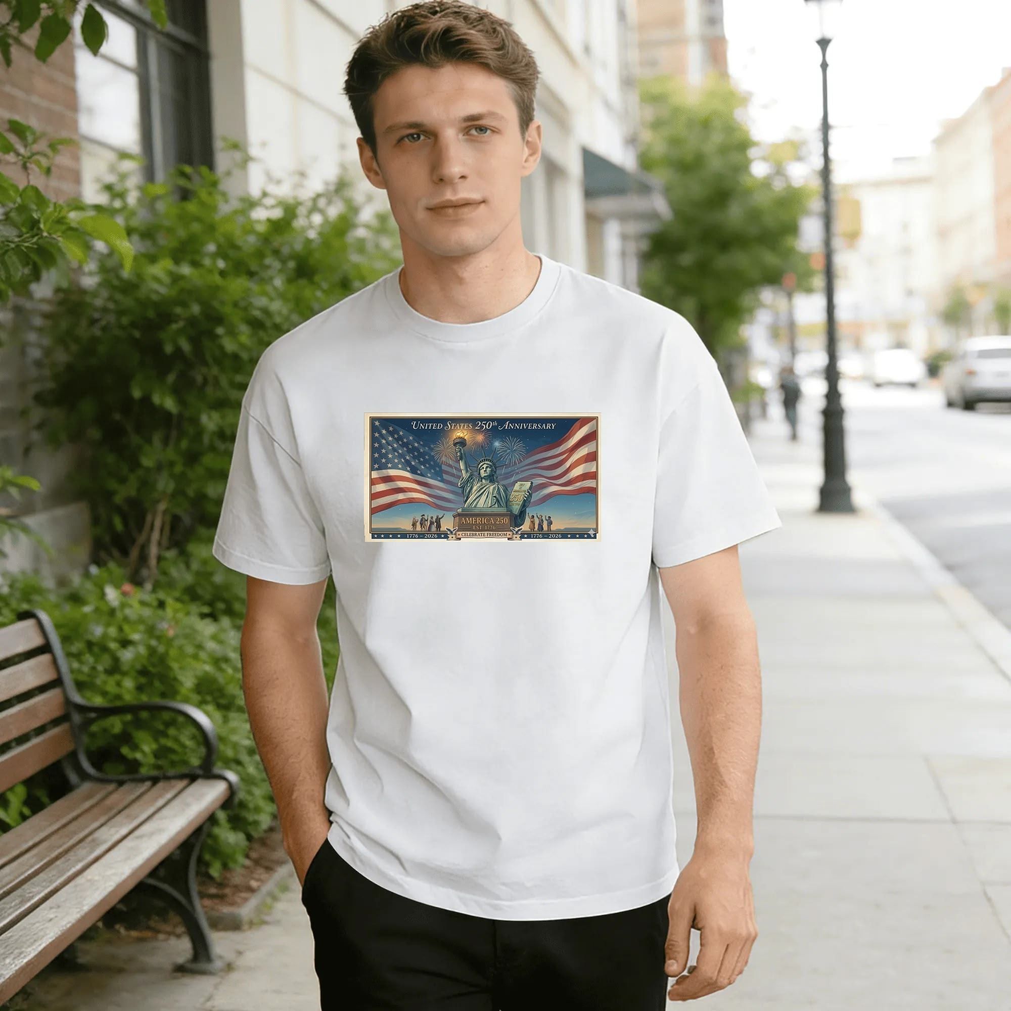 Young man wearing white relaxed‑fit cotton tee with classic framed America 250 graphic, centered Statue of Liberty, large waving US flags, festive fireworks, crowd silhouettes, “United States 250th Anniversary” headline, 1776‑2026 marking, retro poster‑style border, street‑style outdoor lifestyle shot, timeless USA 250th‑anniversary commemorative apparel