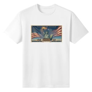 White unisex cotton short‑sleeve t‑shirt, front rich vintage poster‑style patriotic print celebrating America’s 250‑year milestone, featuring framed Statue of Liberty, sweeping American flags, celebratory fireworks and unity‑themed anniversary text, classic commemorative tee flat lay