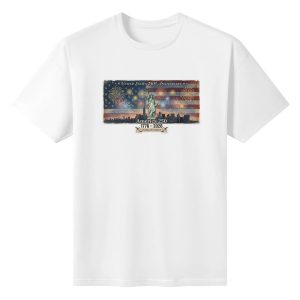 White unisex cotton short‑sleeve t‑shirt, front aged retro patriotic print celebrating America’s 250‑year milestone, featuring worn US flag backdrop, Statue of Liberty over New York skyline, festive fireworks and anniversary‑freedom slogans, distressed vintage‑style commemorative tee flat lay