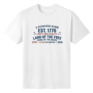 White unisex cotton short‑sleeve t‑shirt, front arched stacked‑text patriotic print celebrating America’s 250‑year milestone, featuring Latin motto, founding‑year branding, unity‑freedom slogans and subtle star flourishes in vintage distressed lettering, clean heritage‑focused commemorative tee flat lay