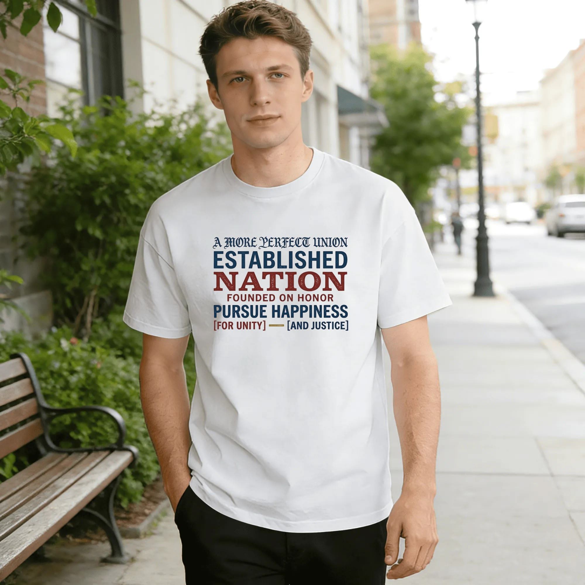 Young man wearing white relaxed‑fit cotton tee with vertical stacked vintage‑text America 250 graphic, “A More Perfect Union” old‑style script, bold constitutional‑themed mottos, red‑white‑blue distressed lettering, street‑style outdoor lifestyle shot, meaningful heritage‑focused USA 250th‑anniversary commemorative apparel