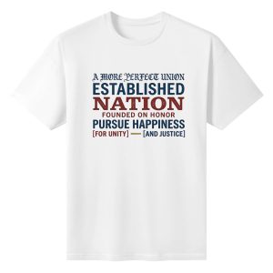 White unisex cotton short‑sleeve t‑shirt, front clean stacked‑text patriotic print celebrating America’s 250‑year milestone, featuring constitutional‑inspired phrases in antique serif and bold distressed typography with patriotic color palette, sleek historical‑theme commemorative tee flat lay