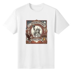 White unisex cotton short‑sleeve t‑shirt, front elaborately detailed vintage square‑framed patriotic print celebrating America’s 250‑year milestone, featuring the Statue of Liberty, national symbols, ornate scrollwork borders and anniversary‑freedom text, luxurious antique‑style commemorative tee flat lay