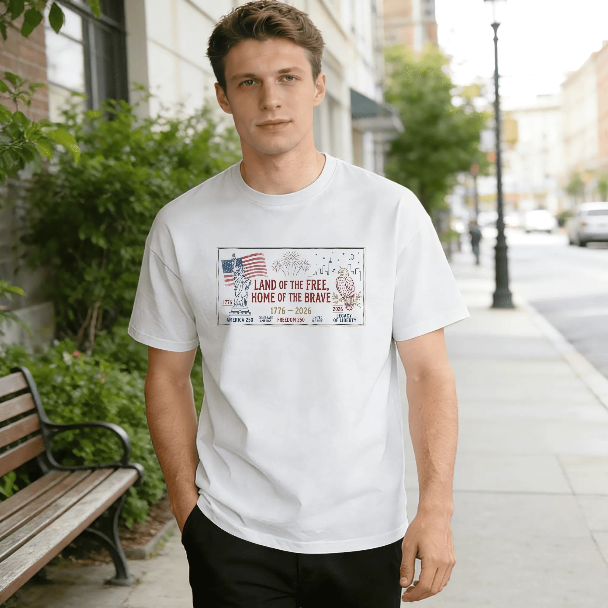 Young man wearing white relaxed‑fit cotton tee with clean thin‑framed sketch America 250 graphic, hand‑drawn Statue of Liberty, American flag, bald eagle, city skyline, fireworks, “Land of the Free, Home of the Brave” slogan, 1776‑2026 anniversary dates, simple vintage sketch finish, street‑style outdoor lifestyle shot, casual heritage USA 250th‑anniversary commemorative apparel