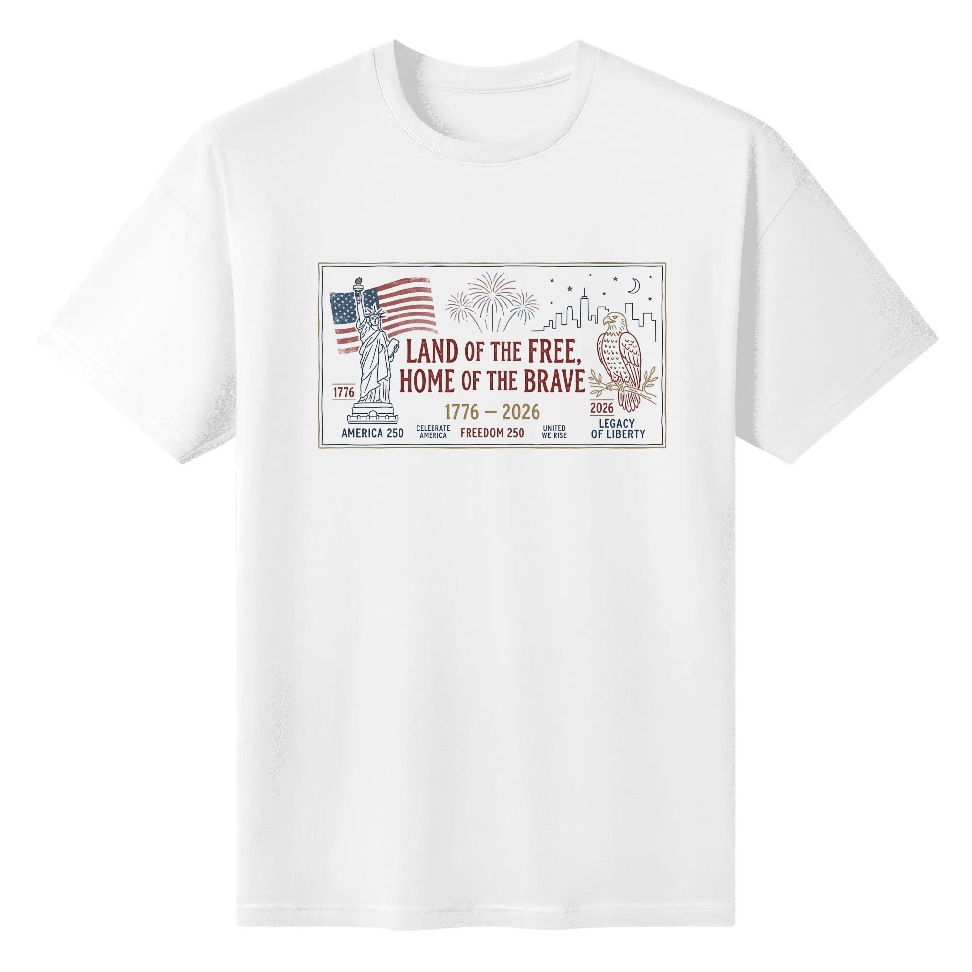 White unisex cotton short‑sleeve t‑shirt, front minimalist thin‑border sketch patriotic print celebrating America’s 250‑year milestone, featuring hand‑drawn liberty‑eagle‑flag elements, skyline‑firework accents and freedom‑themed text, neat casual commemorative tee flat lay