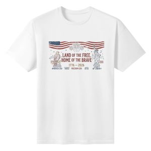 White unisex cotton short‑sleeve t‑shirt, front clean distressed patriotic print celebrating America’s 250‑year milestone, featuring top draped US flag, eagle‑liberty dual‑side silhouettes, firework details and freedom‑focused anniversary text, neat vintage‑style commemorative tee flat lay