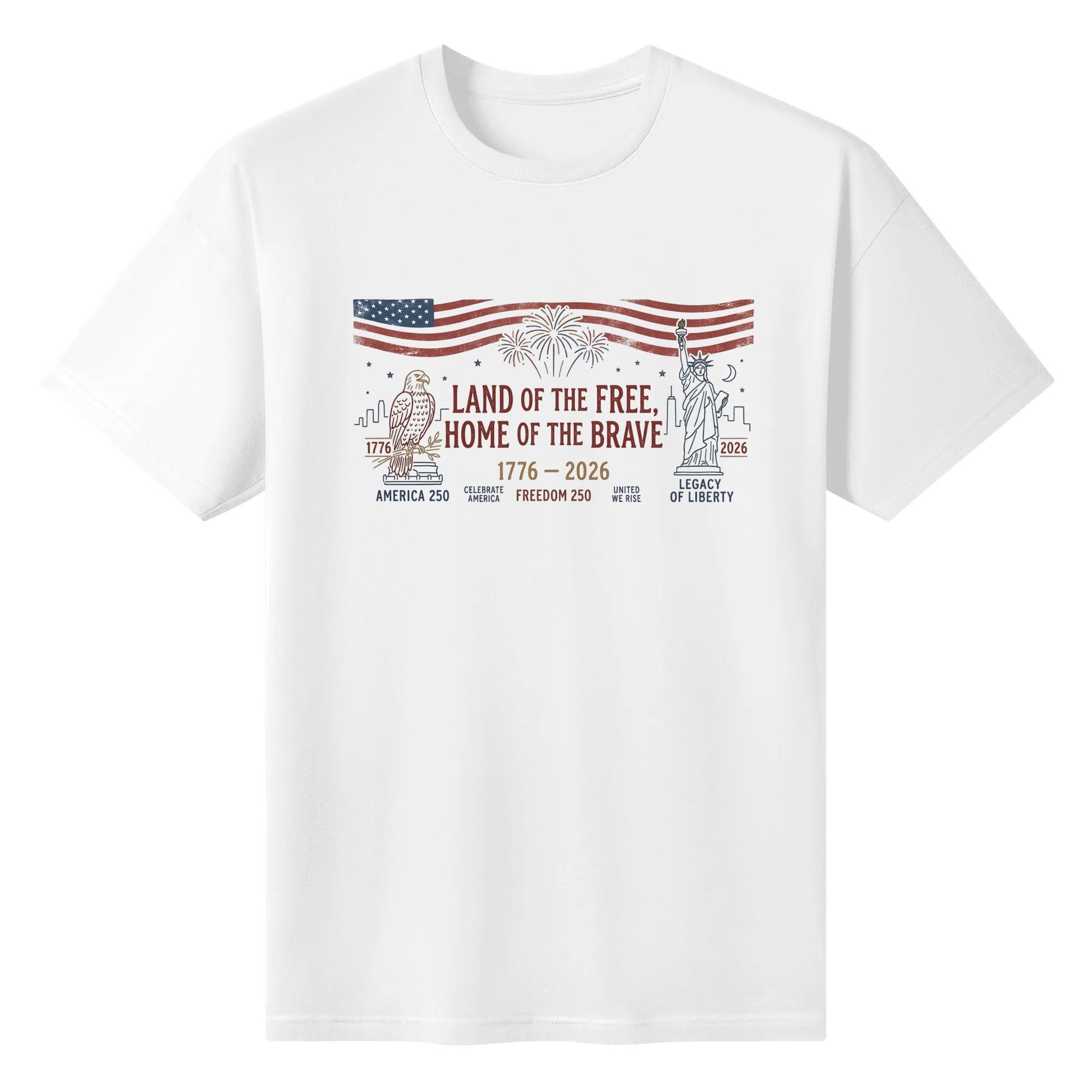 White unisex cotton short‑sleeve t‑shirt, front clean distressed patriotic print celebrating America’s 250‑year milestone, featuring top draped US flag, eagle‑liberty dual‑side silhouettes, firework details and freedom‑focused anniversary text, neat vintage‑style commemorative tee flat lay