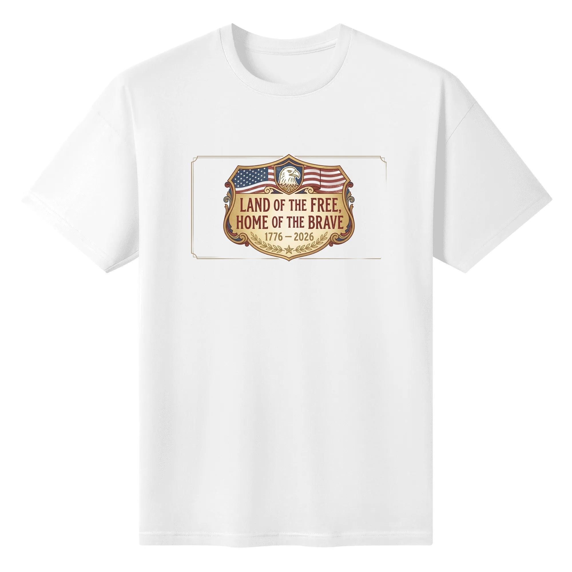 White unisex cotton short‑sleeve t‑shirt, front polished framed shield‑badge patriotic print celebrating America’s 250‑year milestone, featuring eagle‑flag shield emblem, golden laurel detailing and freedom‑themed anniversary text, sleek heritage‑focused commemorative tee flat lay