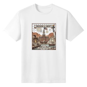 White unisex cotton short‑sleeve t‑shirt, front detailed vintage square‑framed patriotic print celebrating America’s 250‑year milestone, featuring iconic American historical landmarks, nautical elements, celebratory fireworks and freedom‑liberty slogans, narrative heritage‑focused commemorative tee flat lay