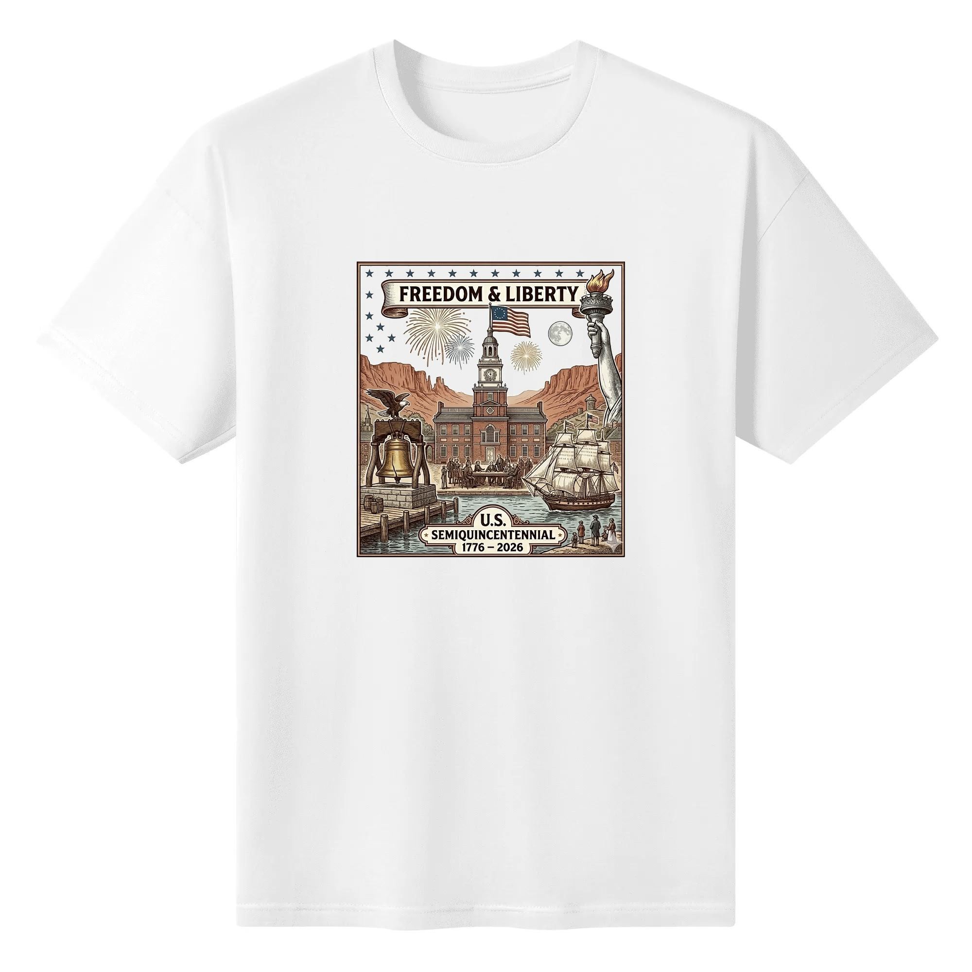 White unisex cotton short‑sleeve t‑shirt, front detailed vintage square‑framed patriotic print celebrating America’s 250‑year milestone, featuring iconic American historical landmarks, nautical elements, celebratory fireworks and freedom‑liberty slogans, narrative heritage‑focused commemorative tee flat lay