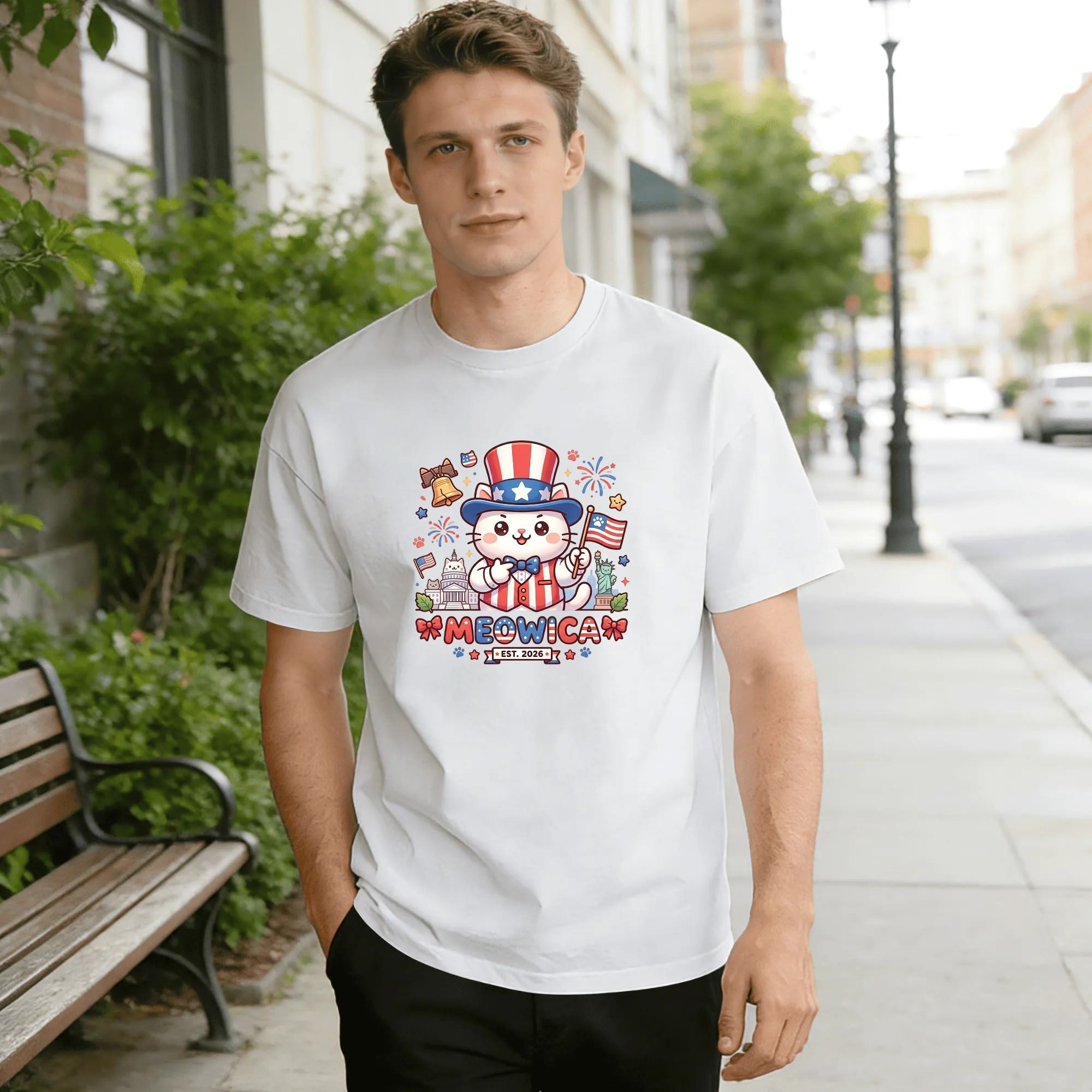 Young man wearing white relaxed‑fit cotton tee with fun cartoon America 250 graphic, adorable patriotic cat in Uncle Sam hat & suit, holding US flag, surrounded by fireworks, liberty‑themed icons, “MEOWICA EST.2026” playful lettering, bright colorful design, street‑style outdoor lifestyle shot, fun novelty USA 250th‑anniversary commemorative apparel