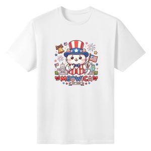 White unisex cotton short‑sleeve t‑shirt, front cheerful cartoon patriotic print celebrating America’s 250‑year milestone, featuring cute Uncle‑Sam‑styled cat, flag‑firework accents and playful Meowica typography, lighthearted novelty commemorative tee flat lay