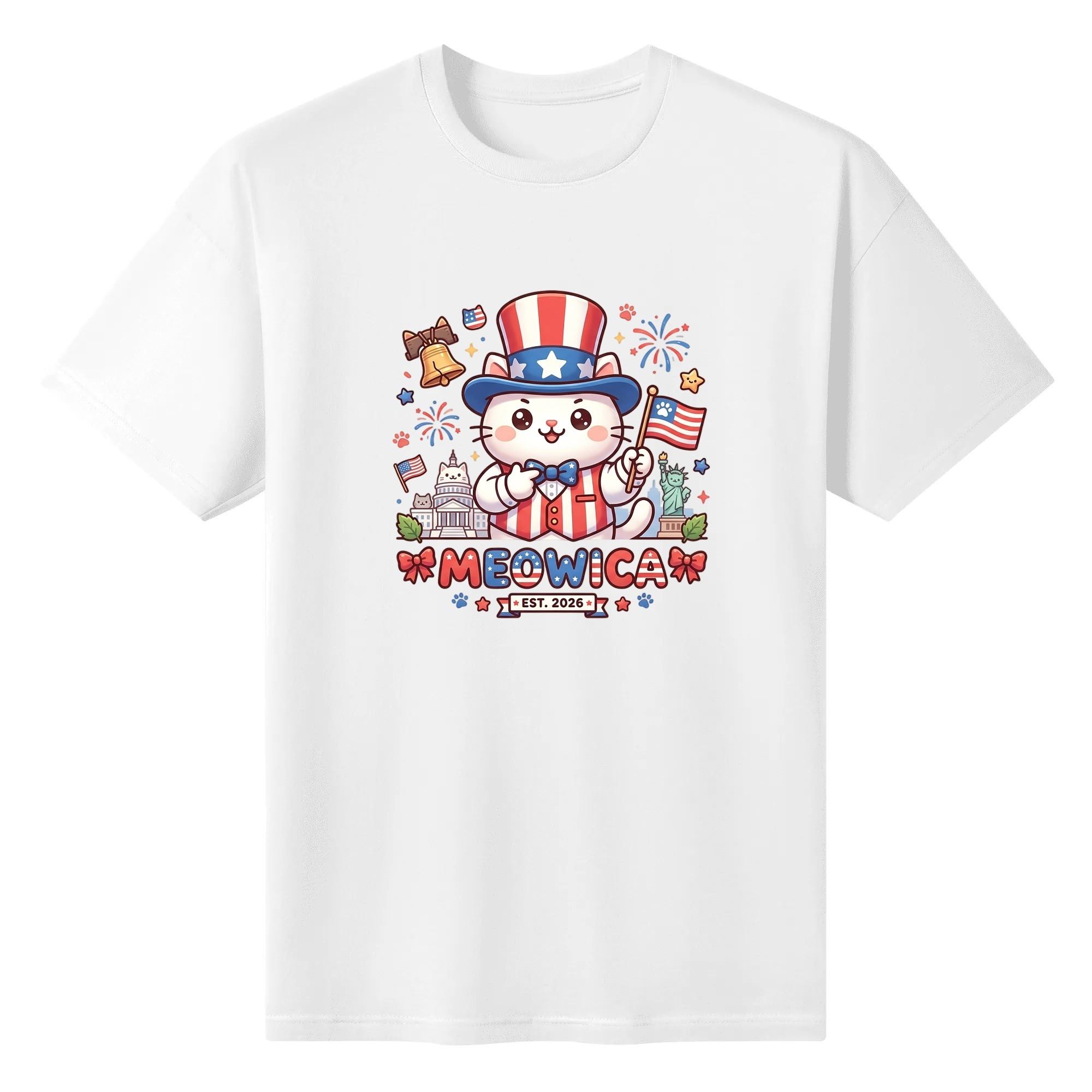 White unisex cotton short‑sleeve t‑shirt, front cheerful cartoon patriotic print celebrating America’s 250‑year milestone, featuring cute Uncle‑Sam‑styled cat, flag‑firework accents and playful Meowica typography, lighthearted novelty commemorative tee flat lay