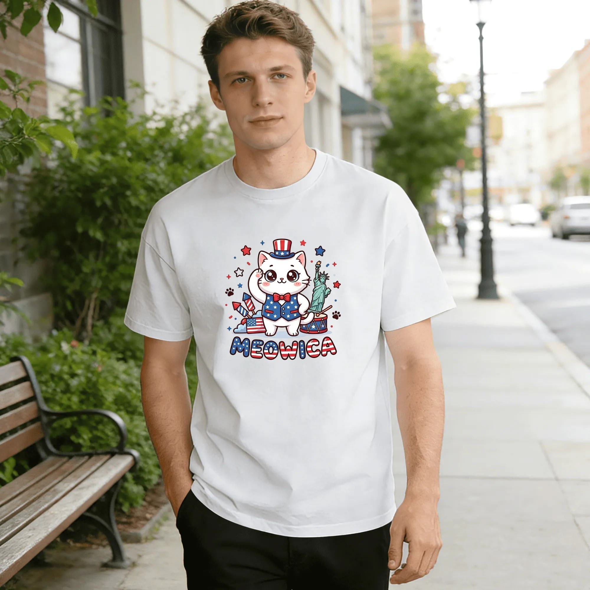 Young man wearing white relaxed‑fit cotton tee with sweet cartoon America 250 graphic, adorable waving cat in Uncle Sam top hat & star‑spangled vest, bow tie, surrounded by US flag, fireworks, Statue of Liberty, drum & star accents, fun “MEOWICA” lettering, bright playful style, street‑style outdoor lifestyle shot, cute novelty patriotic commemorative apparel