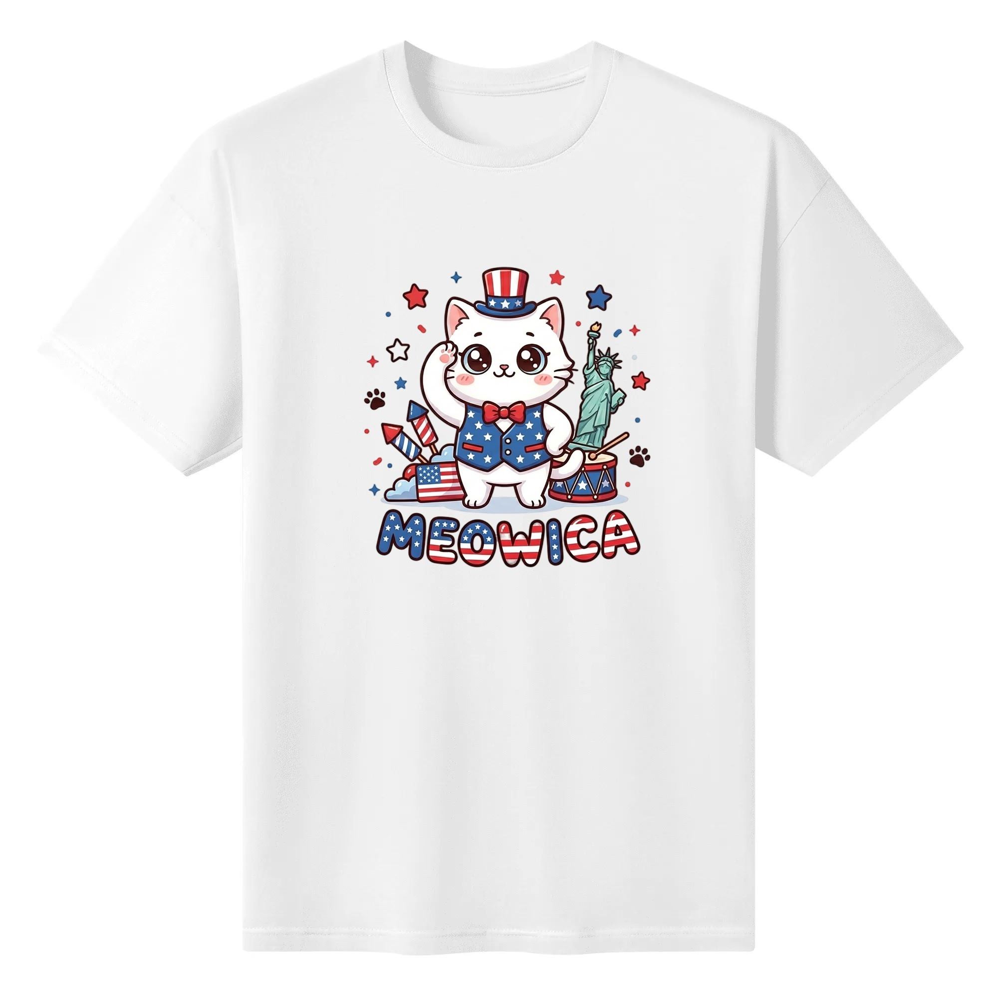 White unisex cotton short‑sleeve t‑shirt, front lovely cartoon patriotic print celebrating America’s 250‑year milestone, featuring waving patriotic cat, liberty‑themed icons and fun Meowica typography, cheerful novelty‑style commemorative tee flat lay