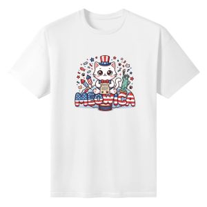 White unisex cotton short‑sleeve t‑shirt, front cheerful cartoon patriotic print celebrating America’s 250‑year milestone, featuring declaration‑holding cute cat, liberty‑themed icons and flag‑pattern Meowica typography, fun novelty‑style commemorative tee flat lay