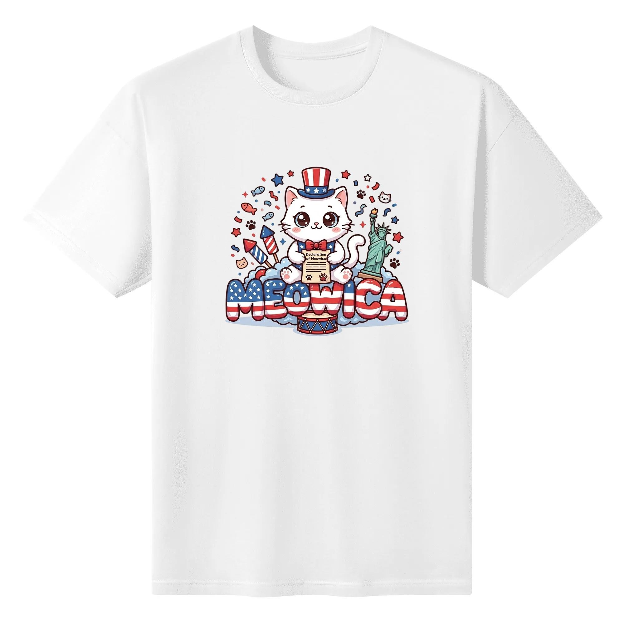 White unisex cotton short‑sleeve t‑shirt, front cheerful cartoon patriotic print celebrating America’s 250‑year milestone, featuring declaration‑holding cute cat, liberty‑themed icons and flag‑pattern Meowica typography, fun novelty‑style commemorative tee flat lay
