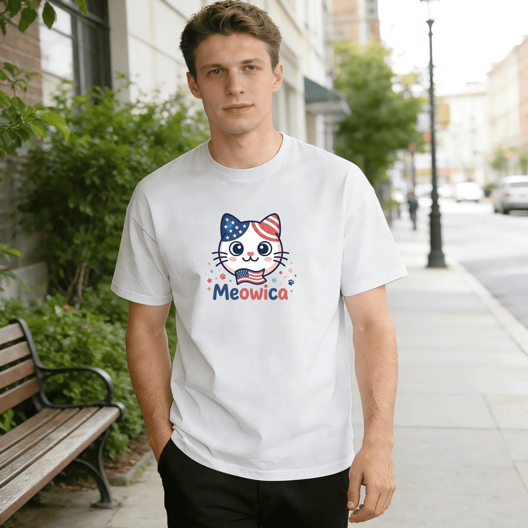 Young man wearing white relaxed‑fit cotton tee with minimal cute cartoon America 250 graphic, sweet cat head with US flag‑pattern ears, tiny flag mouth detail, colorful star‑paw confetti, casual “Meowica” lettering, soft playful style, street‑style outdoor lifestyle shot, simple fun novelty patriotic commemorative apparel