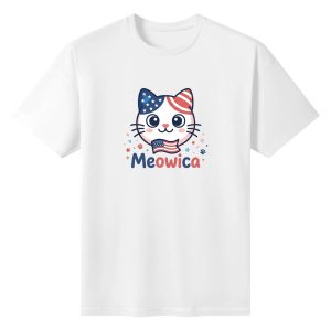 White unisex cotton short‑sleeve t‑shirt, front clean minimalist cartoon patriotic print celebrating America’s 250‑year milestone, featuring flag‑ear cute cat face, mini flag accent and soft Meowica typography, simple lighthearted novelty‑style commemorative tee flat lay