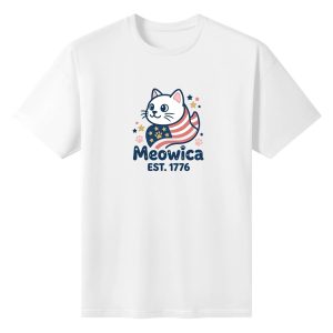 White unisex cotton short‑sleeve t‑shirt, front minimalist cartoon patriotic print celebrating America’s 250‑year milestone, featuring flag‑scarf cute cat, star‑paw details and Meowica EST.1776 typography, sleek lighthearted novelty‑style commemorative tee flat lay