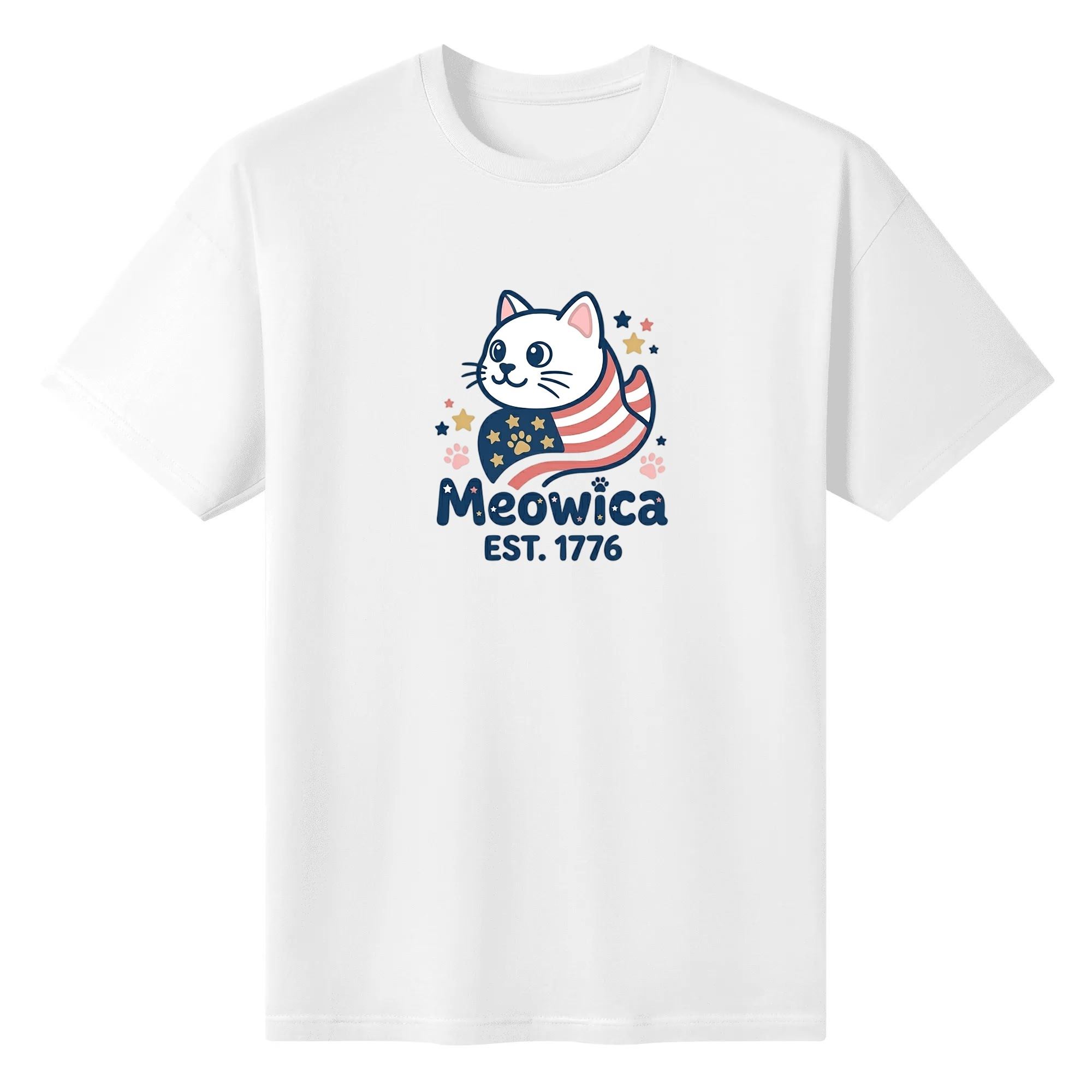 White unisex cotton short‑sleeve t‑shirt, front minimalist cartoon patriotic print celebrating America’s 250‑year milestone, featuring flag‑scarf cute cat, star‑paw details and Meowica EST.1776 typography, sleek lighthearted novelty‑style commemorative tee flat lay