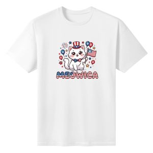 White unisex cotton short‑sleeve t‑shirt, front lively cartoon patriotic print celebrating America’s 250‑year milestone, featuring balloon‑surrounded cute patriotic cat and flag‑themed Meowica typography, vibrant novelty‑style commemorative tee flat lay