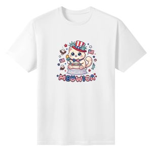 White unisex cotton short‑sleeve t‑shirt, front cheerful cartoon patriotic print celebrating America’s 250‑year milestone, featuring pedestal‑sitting liberty‑torch cat, national‑symbol accents and flag‑themed Meowica typography, bright novelty‑style commemorative tee flat lay