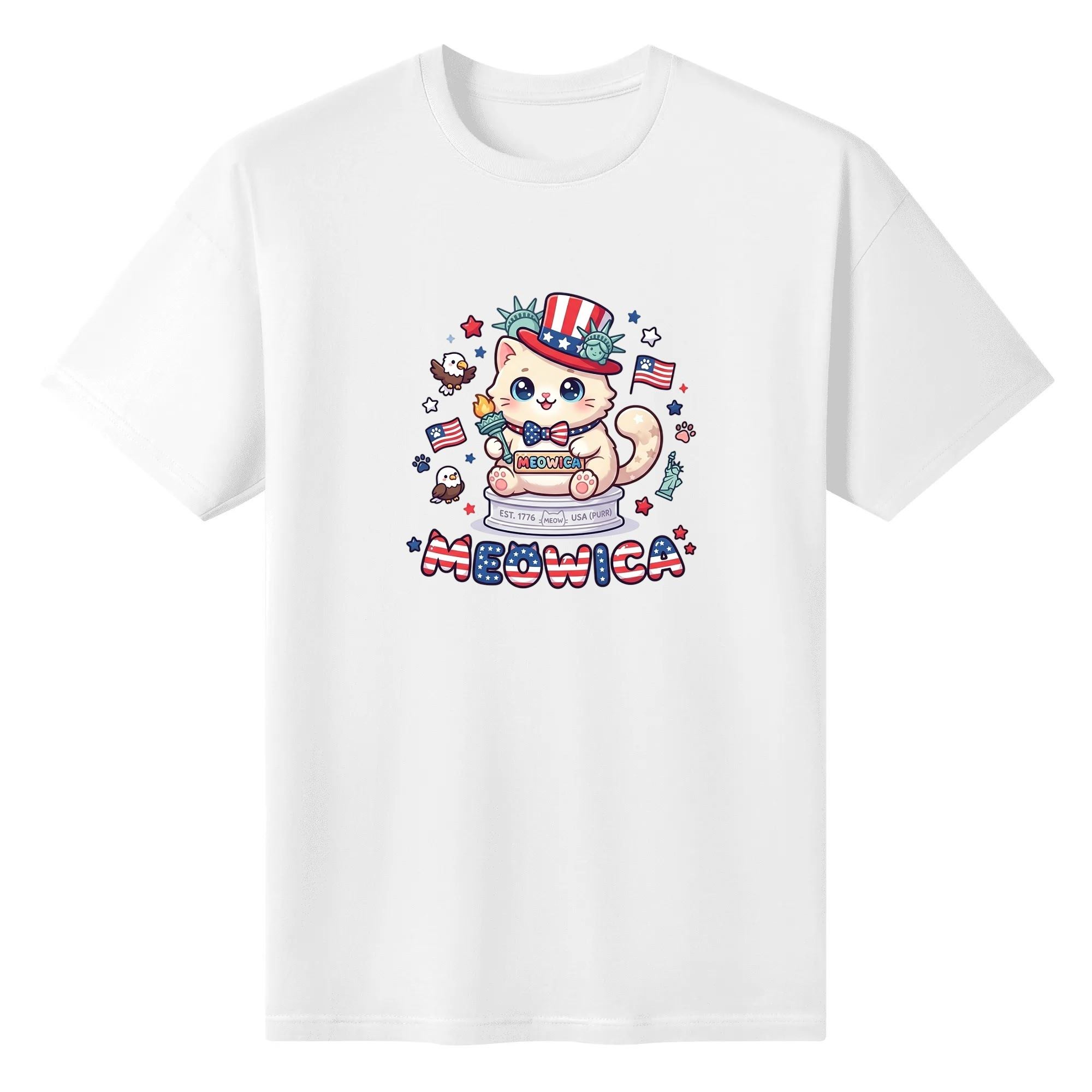 White unisex cotton short‑sleeve t‑shirt, front cheerful cartoon patriotic print celebrating America’s 250‑year milestone, featuring pedestal‑sitting liberty‑torch cat, national‑symbol accents and flag‑themed Meowica typography, bright novelty‑style commemorative tee flat lay
