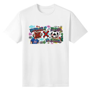 White oversized cotton short‑sleeve t‑shirt, front vibrant street‑art graffiti “Football? No, Soccer” graphic print with anti‑football, pro‑soccer North America‑themed cartoon elements, casual soccer fan tee flat lay