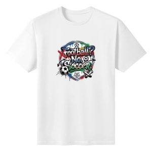 White oversized cotton short‑sleeve t‑shirt, front edgy street‑art circular “Football? No, Soccer.” typography print with grunge spray‑paint texture, soccer ball, crossed football and shield border, casual pro‑soccer sports‑themed tee flat lay
