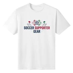 White oversized cotton short‑sleeve t‑shirt, front sleek clean “Soccer Supporter Gear” two‑color typography print with subtle soccer‑net frame, soccer ball, cheering hands and North‑America themed decorative icons, casual pro‑soccer sports‑themed tee flat lay