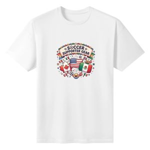 White oversized cotton short‑sleeve t‑shirt, front vibrant festive circular “Soccer Supporter Gear” typography print with kawaii supporter‑themed doodles, host‑country flags, cheering emoji, mini soccer balls and colorful confetti‑star details, casual pro‑soccer sports‑themed tee flat lay