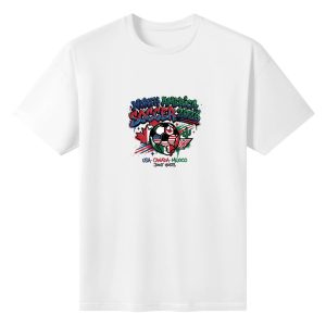 Plain white oversized short‑sleeve crew neck t‑shirt featuring colorful North America Soccer 2026 graffiti graphic, soccer ball with host‑country flags, cactus and joint hosts text print