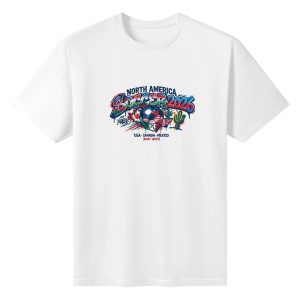 Plain white oversized short‑sleeve t‑shirt featuring colorful drip‑graffiti North America Soccer 2026 print, soccer ball with host‑country flags, cactus, USA‑Canada‑Mexico joint hosts text