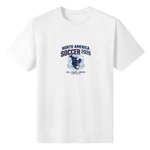 Plain white short‑sleeve crew neck t‑shirt featuring clean North America Soccer 2026 shield emblem print, North America map soccer graphic and “USA‑Canada‑Mexico Joint Hosts” text