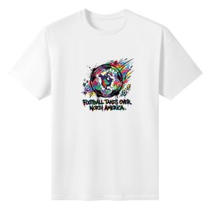 Plain white short‑sleeve crew‑neck t‑shirt with colorful street‑graffiti soccer‑ball graphic, North America map inside the ball, star‑bolt accents and “Football Takes Over North America” typography