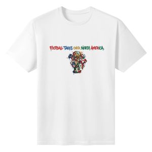 Plain white short‑sleeve crew‑neck t‑shirt featuring vibrant multicolor graffiti‑text slogan and splatter‑styled World Cup trophy graphic filled with North America host‑country flags