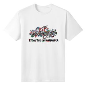 Plain white short‑sleeve crew‑neck t‑shirt featuring vibrant graffiti‑art North America map graphic covered in soccer balls, host‑country flag accents and bold “Football Takes Over North America” typography