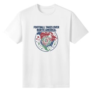 Plain white short‑sleeve crew‑neck t‑shirt featuring clean retro circular emblem graphic, geometric‑pattern soccer ball, USA‑Canada‑Mexico map outlines with maple leaf & cactus details, plus bold navy‑blue typography